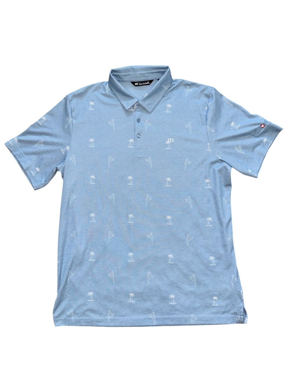 Travis Mathew Polo Shirt XL Blue Tropical Print Simon Keith Foundation Golf EUC